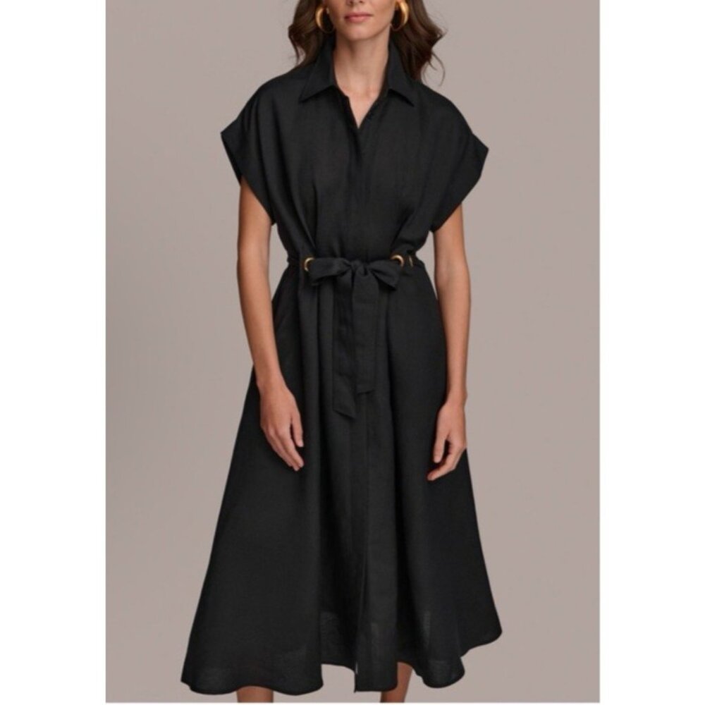DKNY A Line Dress 8 Short Sleeve Black Linen Grommet A Line Belted Pockets NEW